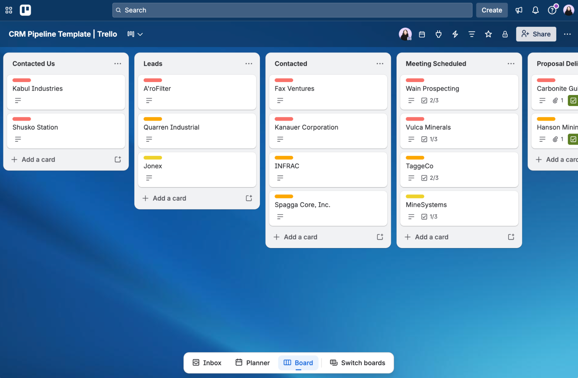 Trello board example for a CRM.