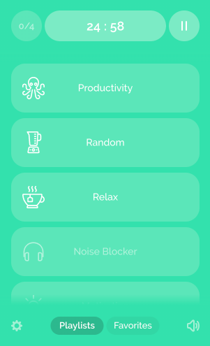 Screenshot of bacground noise categories on a bright green background, including productivity, random, relax, and noise blocker
