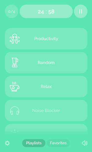 Screenshot of bacground noise categories on a bright green background, including productivity, random, relax, and noise blocker