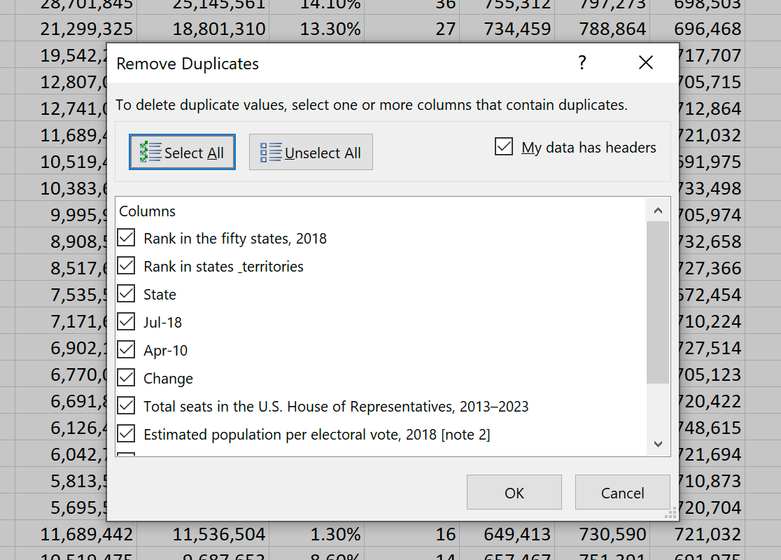 Choose which columns to include in your search for duplicates