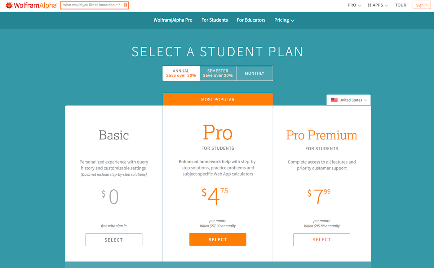 Wolfram|Alpha Pro student discount landing page.