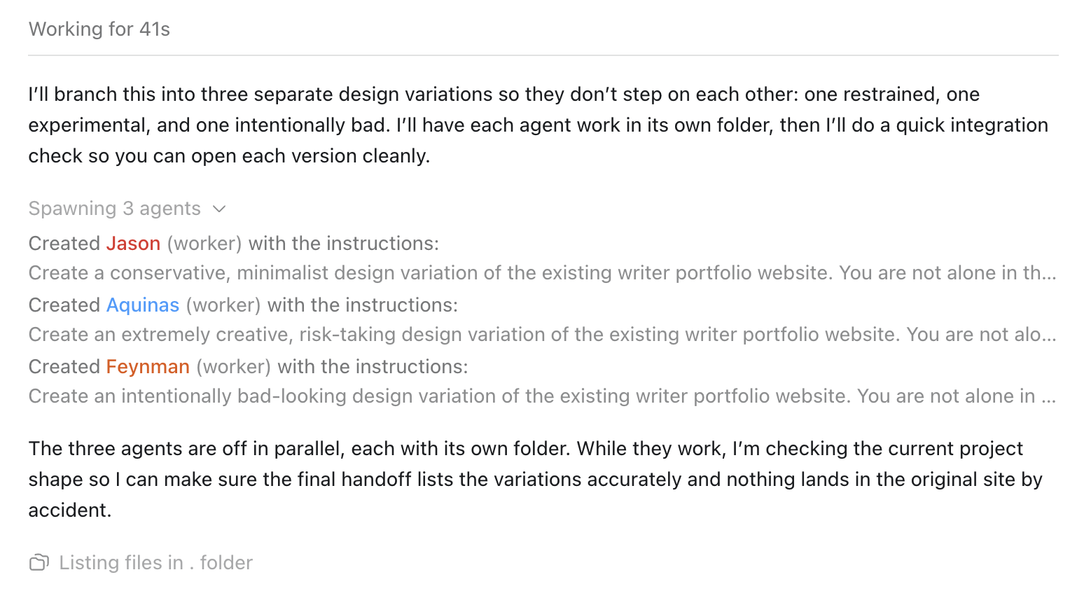 Codex spawning multiple agents to work on variations for a website design.