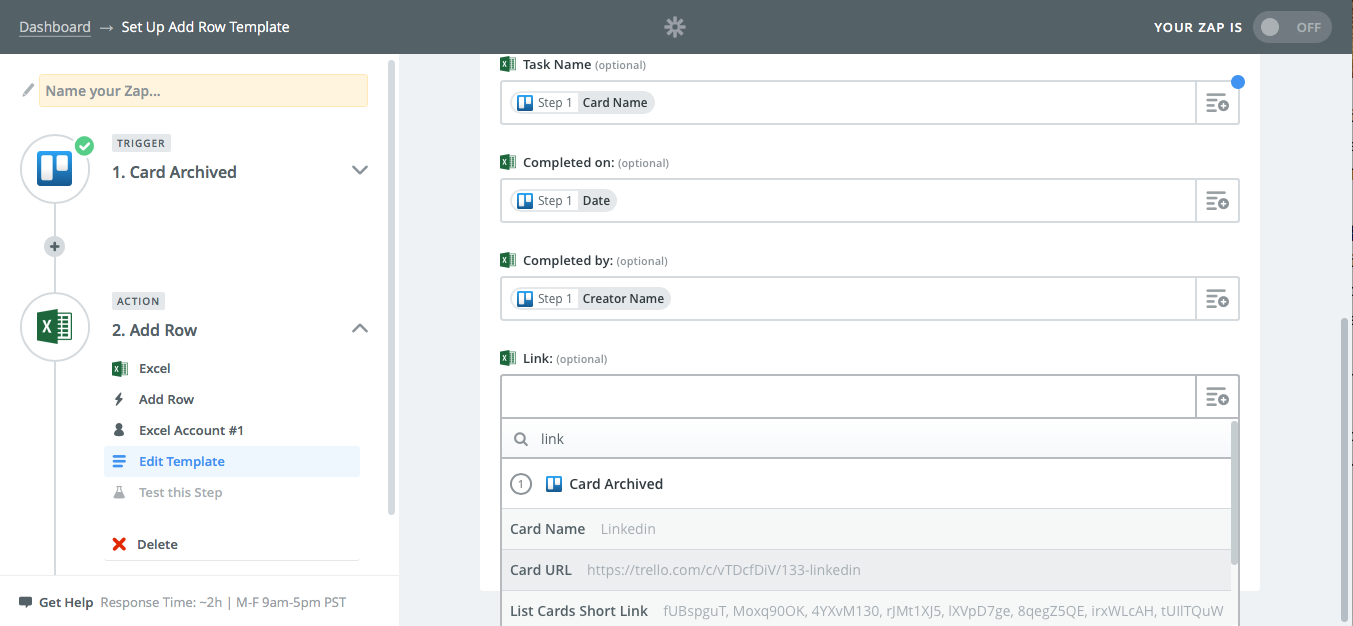 Add Trello data to Excel Zap