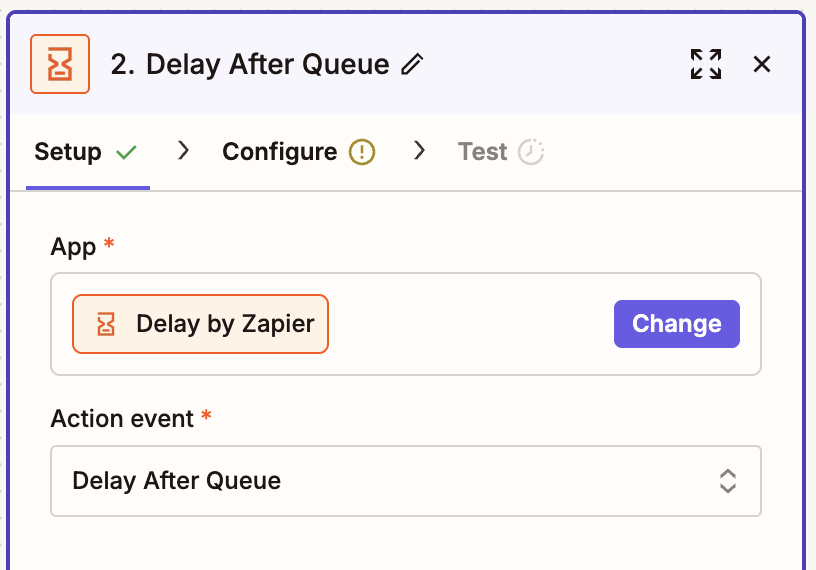 A screenshot of a window in the Zap editor with "Delay After Queue" selected in the Action event field.