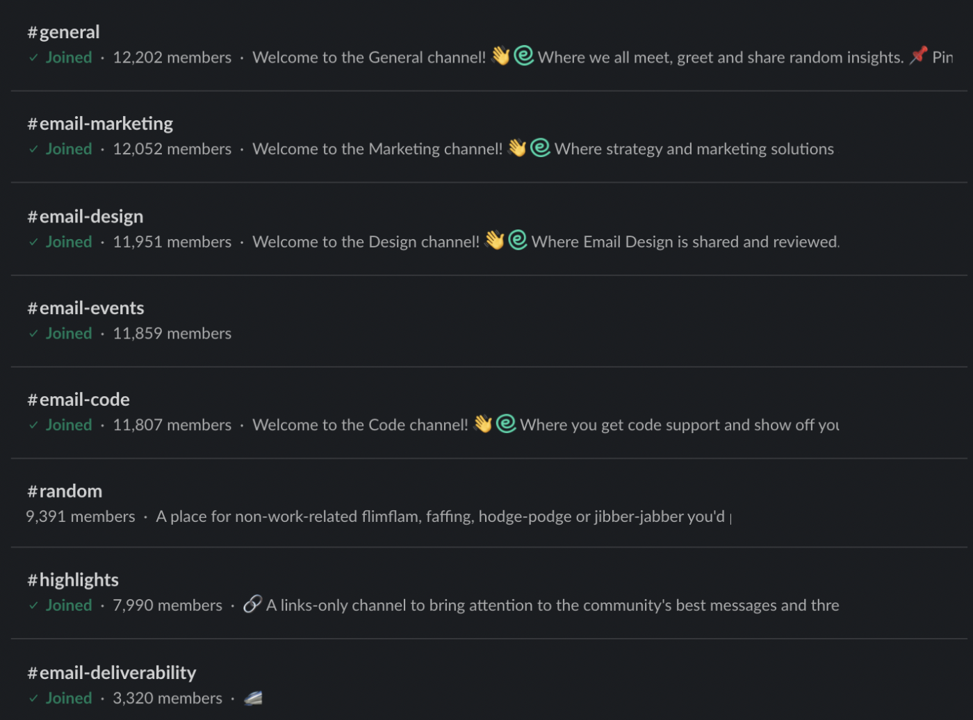 A screenshot of channels from Email Geeks
