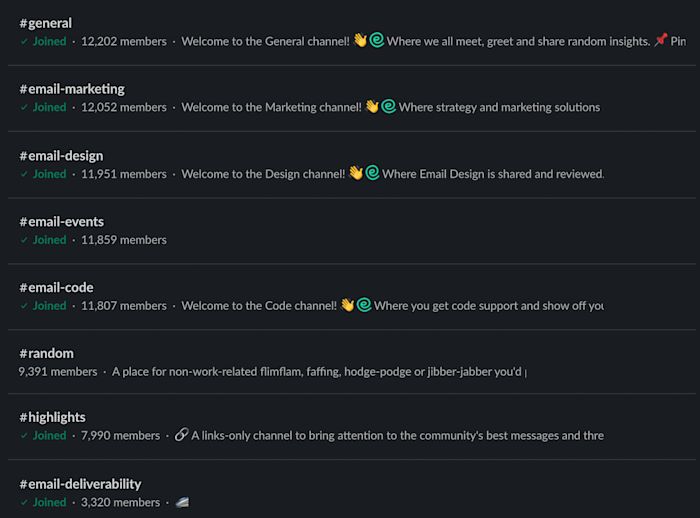 A screenshot of channels from Email Geeks