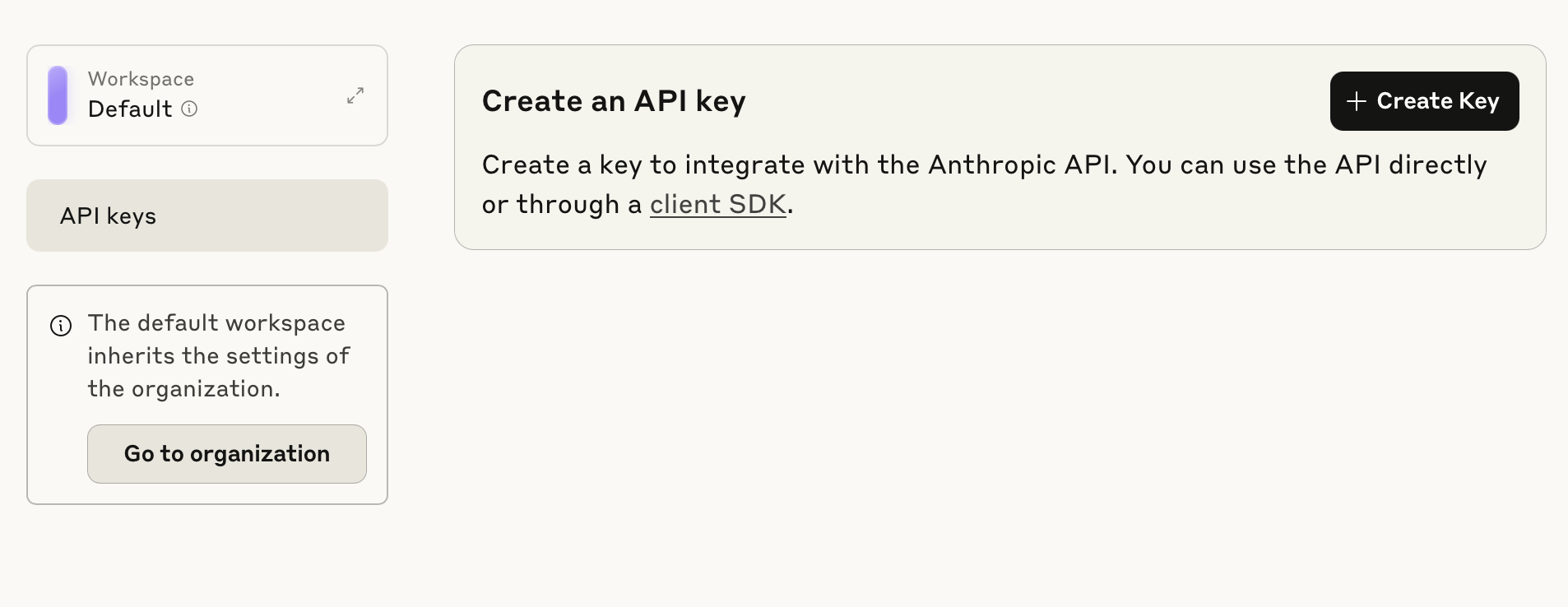 A webpage on Anthropic's Claude Console website featuring a button that says +Create Key