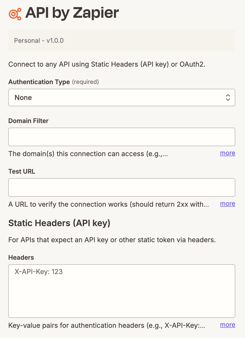 A window that lets you choose authentication type and domain filter for API by Zapier