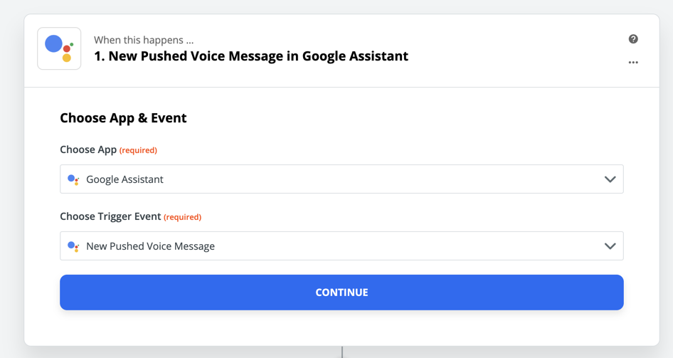 Choosing Google Assistant as the Trigger step in Zapier