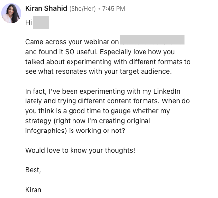 A LinkedIn message from Kiran asking a question about a podcast a lead was on