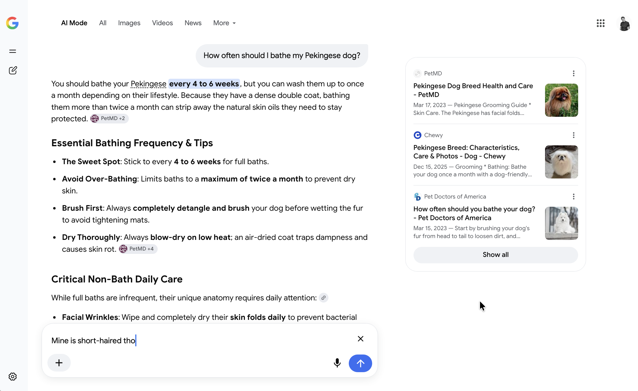 A follow-up question on AI Mode search on Google