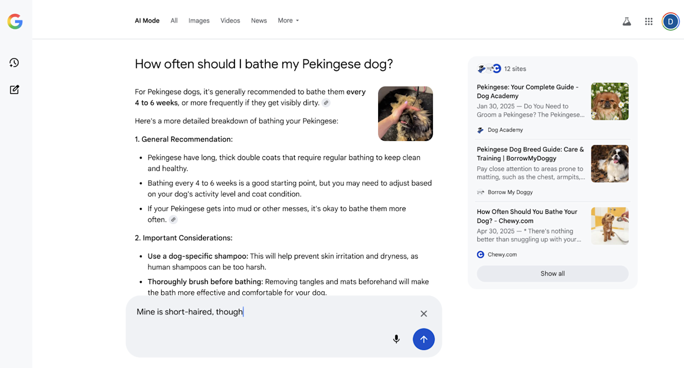 A follow-up question on AI Mode search on Google