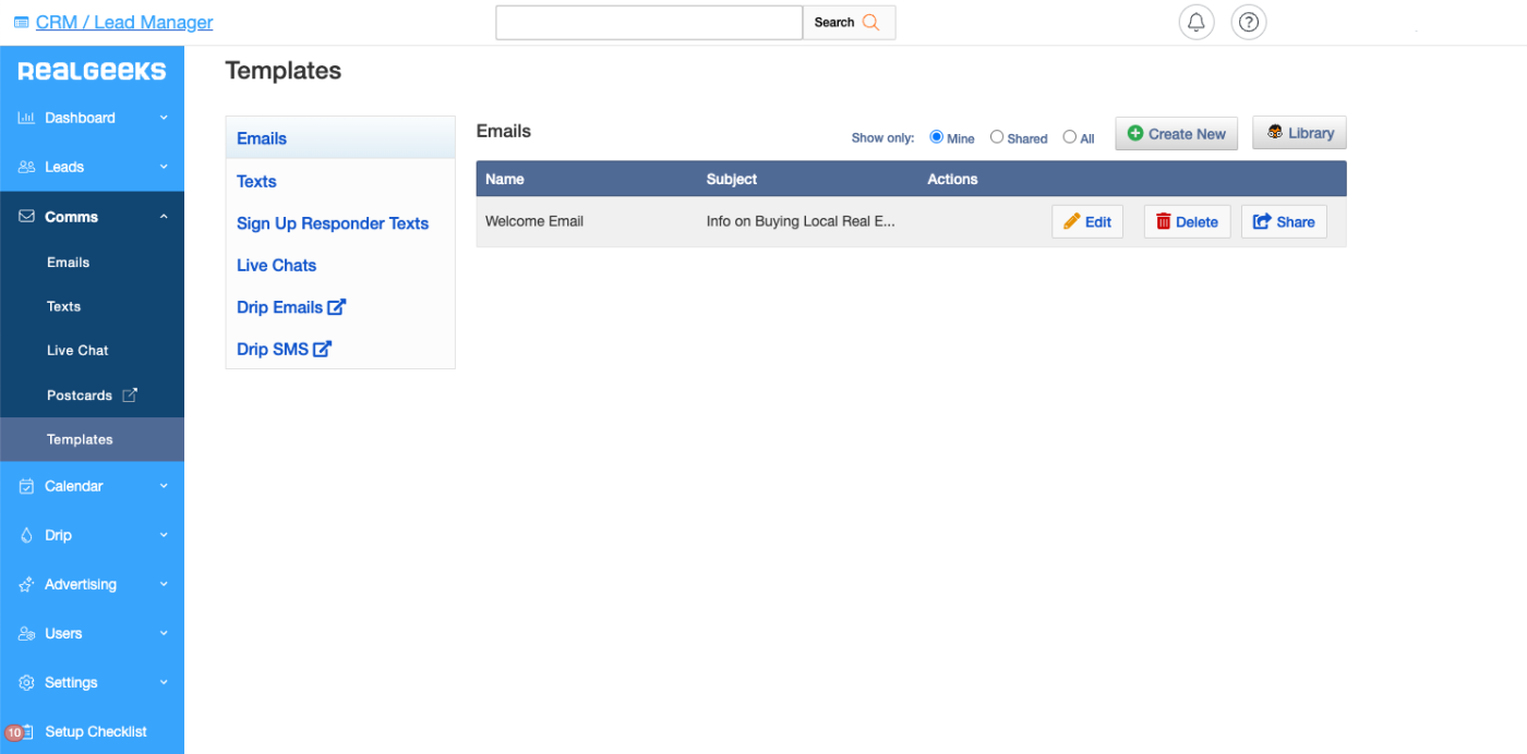 Screenshot of the Real Geeks CRM interface