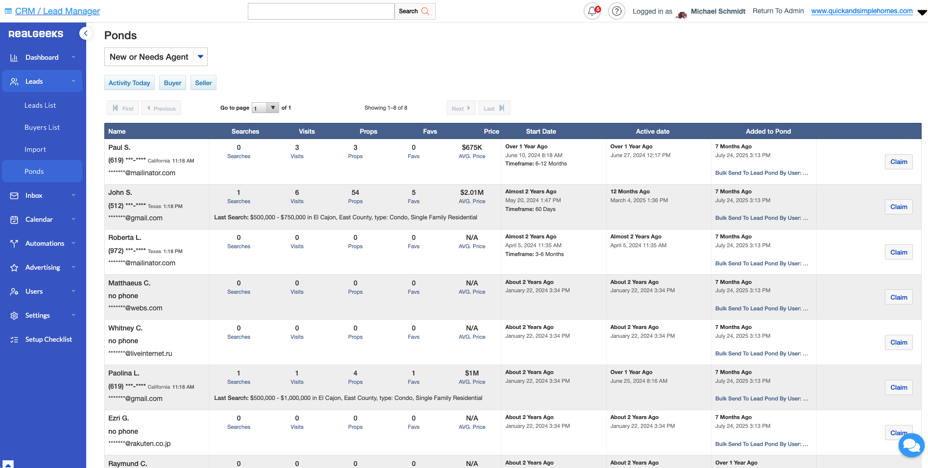 Screenshot of the Real Geeks CRM interface