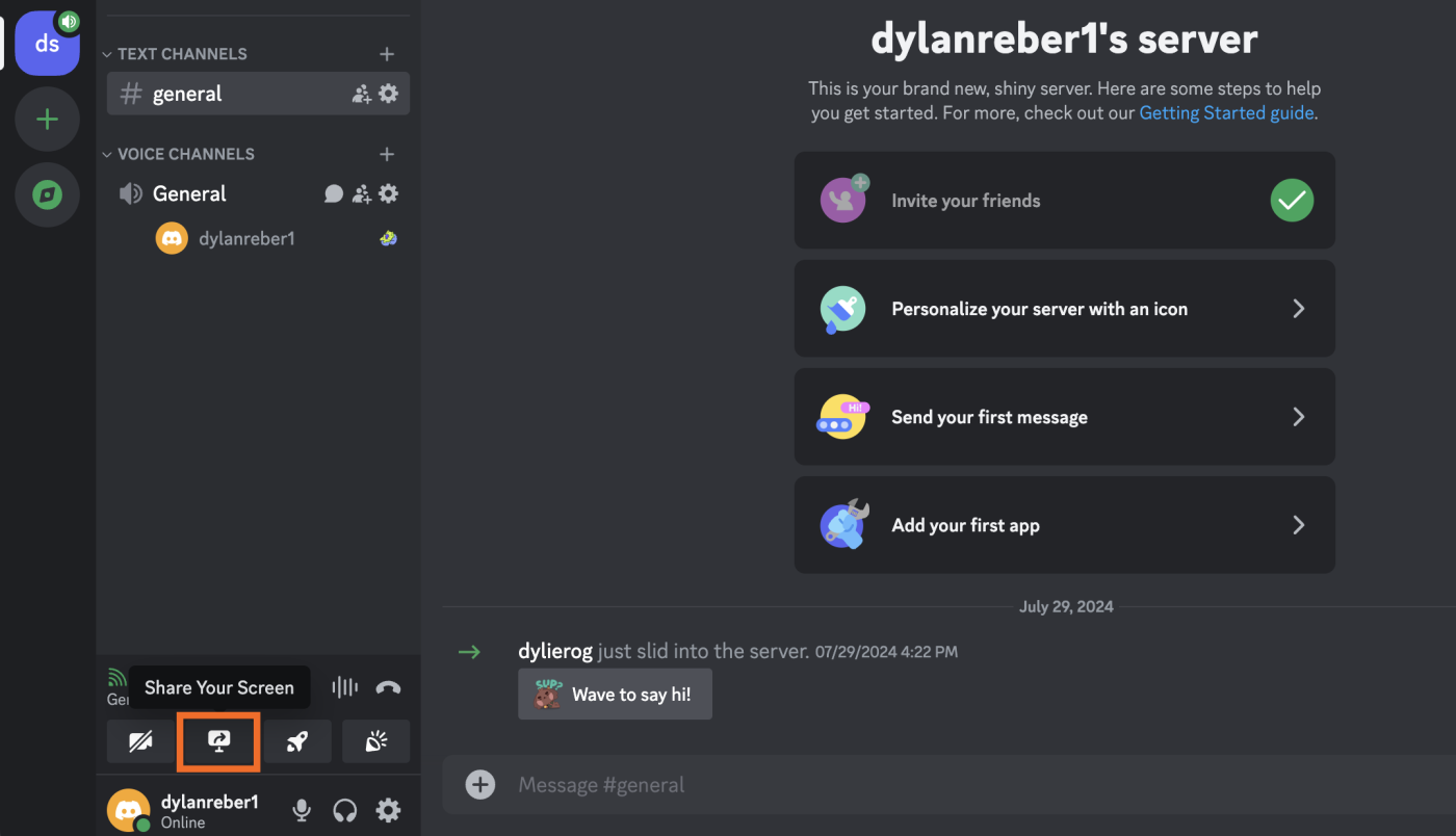 Image showcasing the Share Your Screen button in Discord