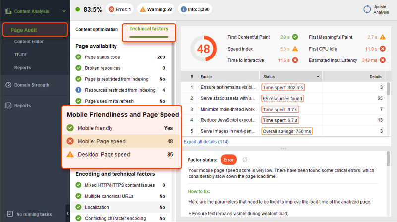 Screenshot of WebSite Auditor showing page speed issues