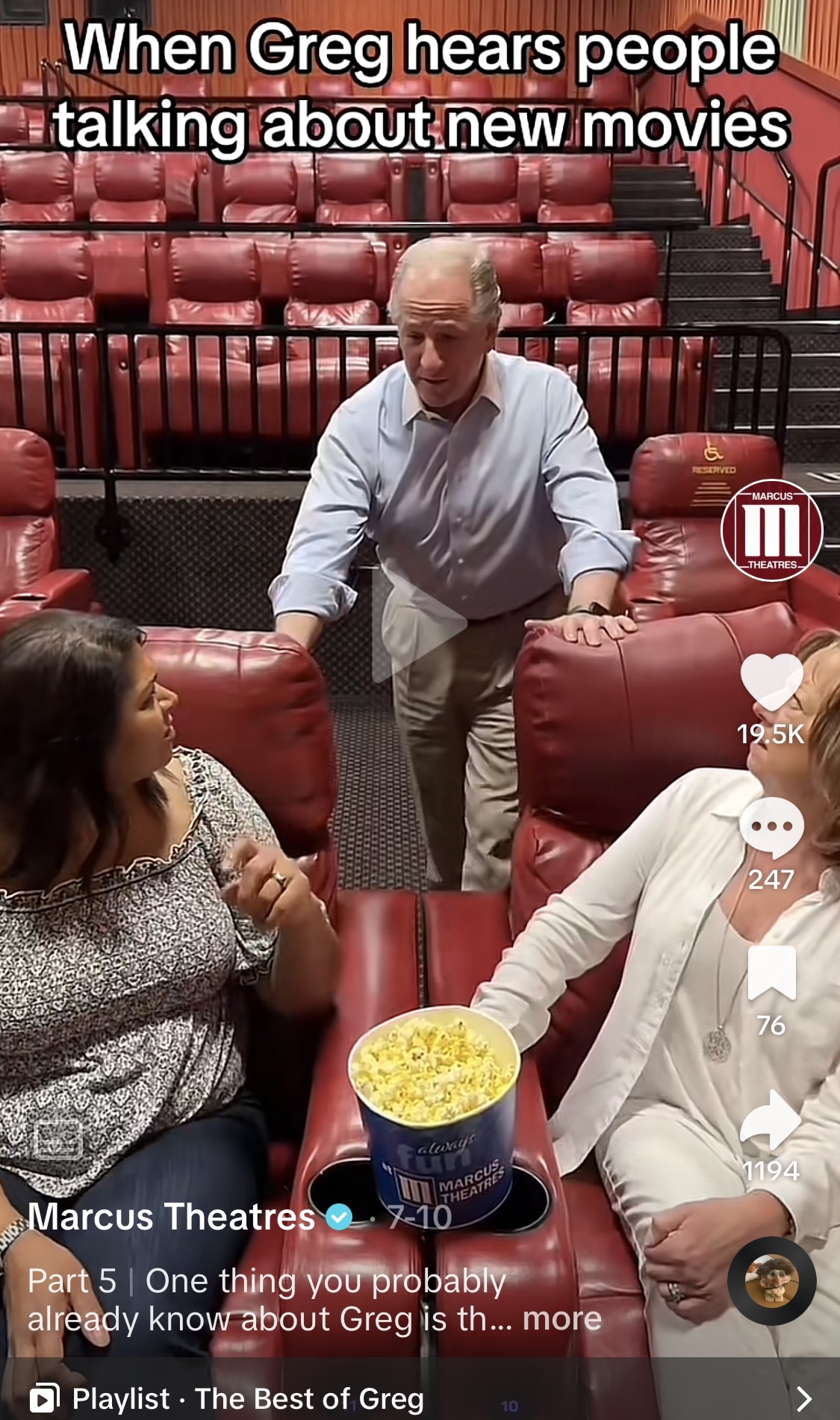 TikTok video screenshot of CEO Greg chatting with customers at Marcus Theatres