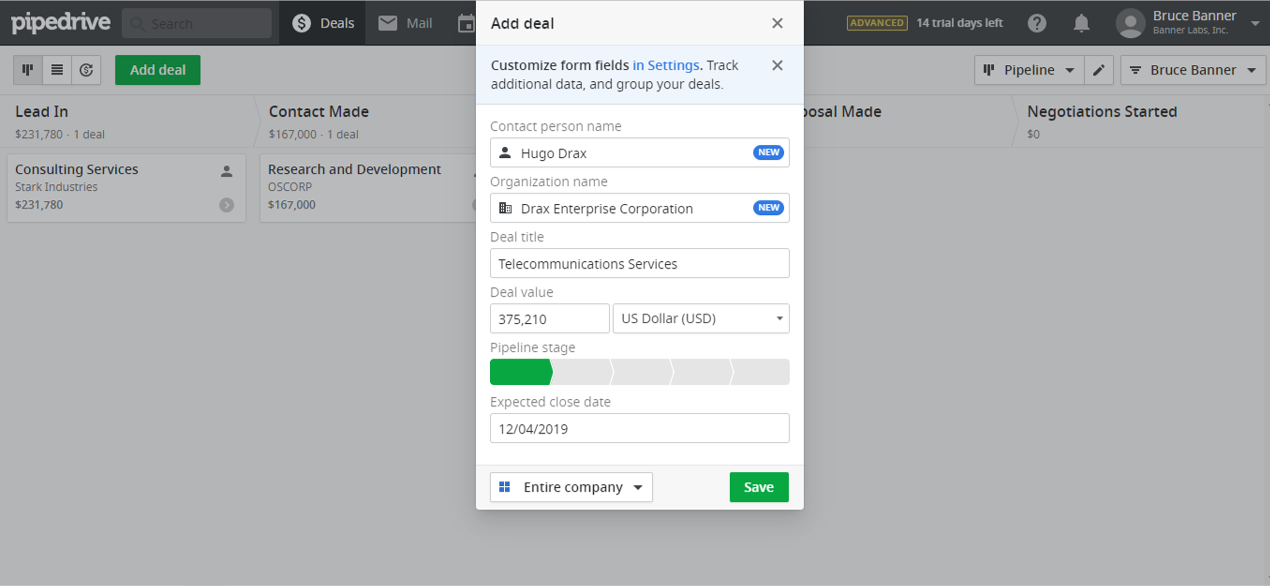 Adding a deal in Pipedrive CRM