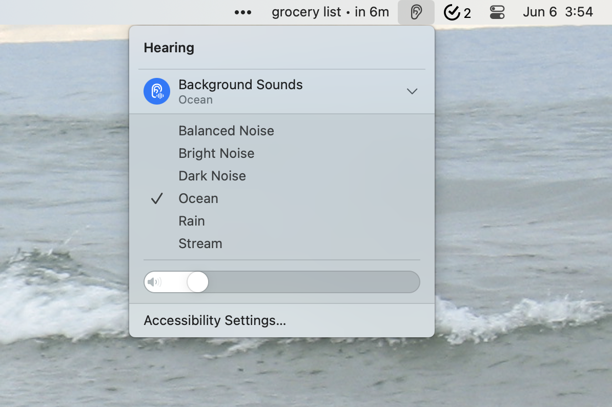 The menu bar controls for white noise on a Mac