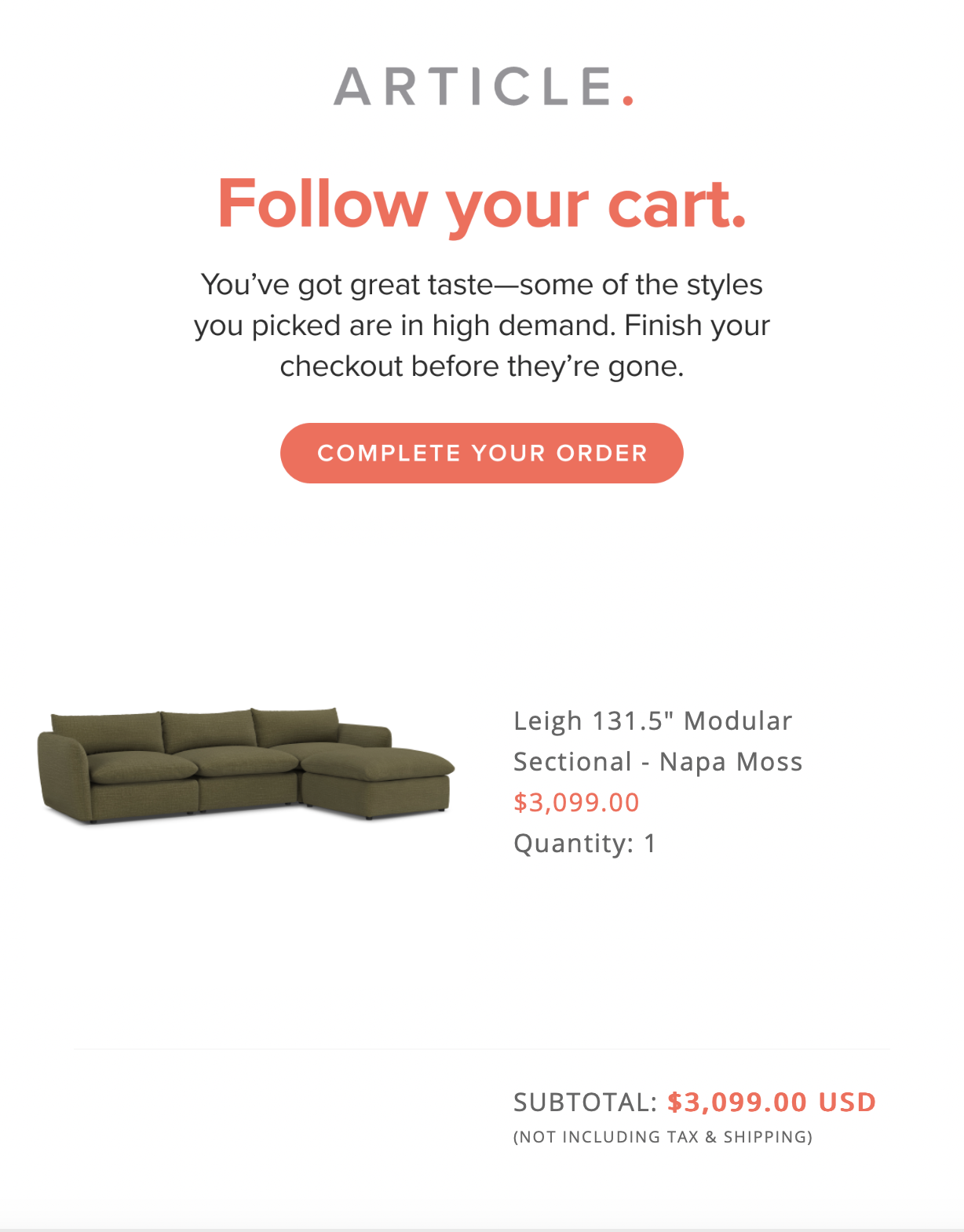 Abandoned cart email example from Article.