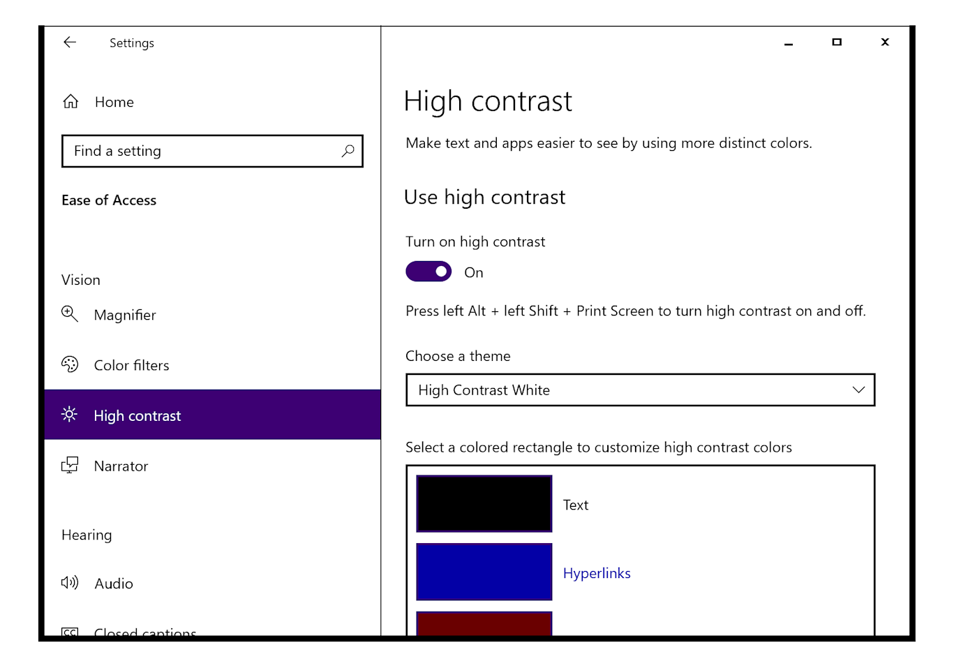 Windows 10 in high contrast modet