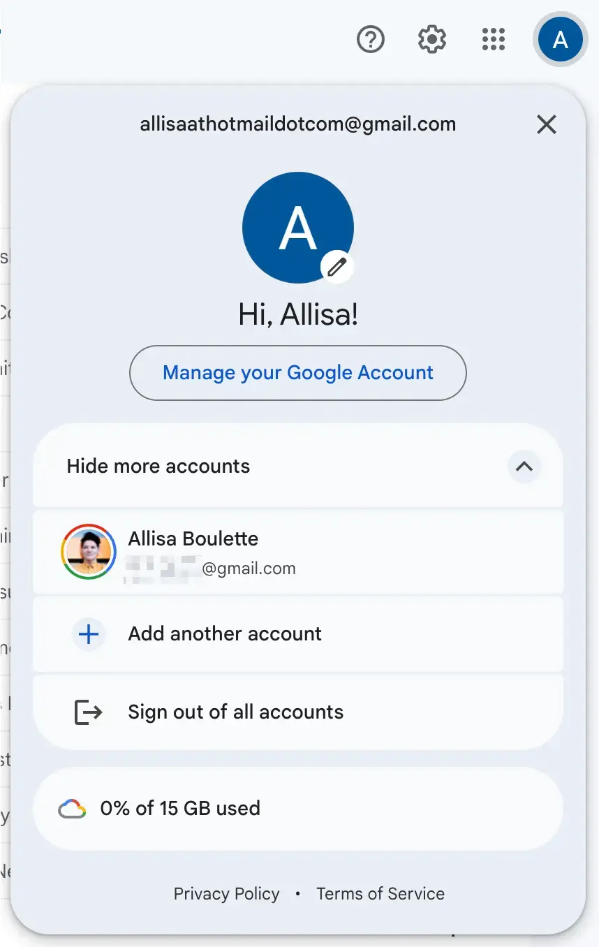 Screenshot of new Gmail account