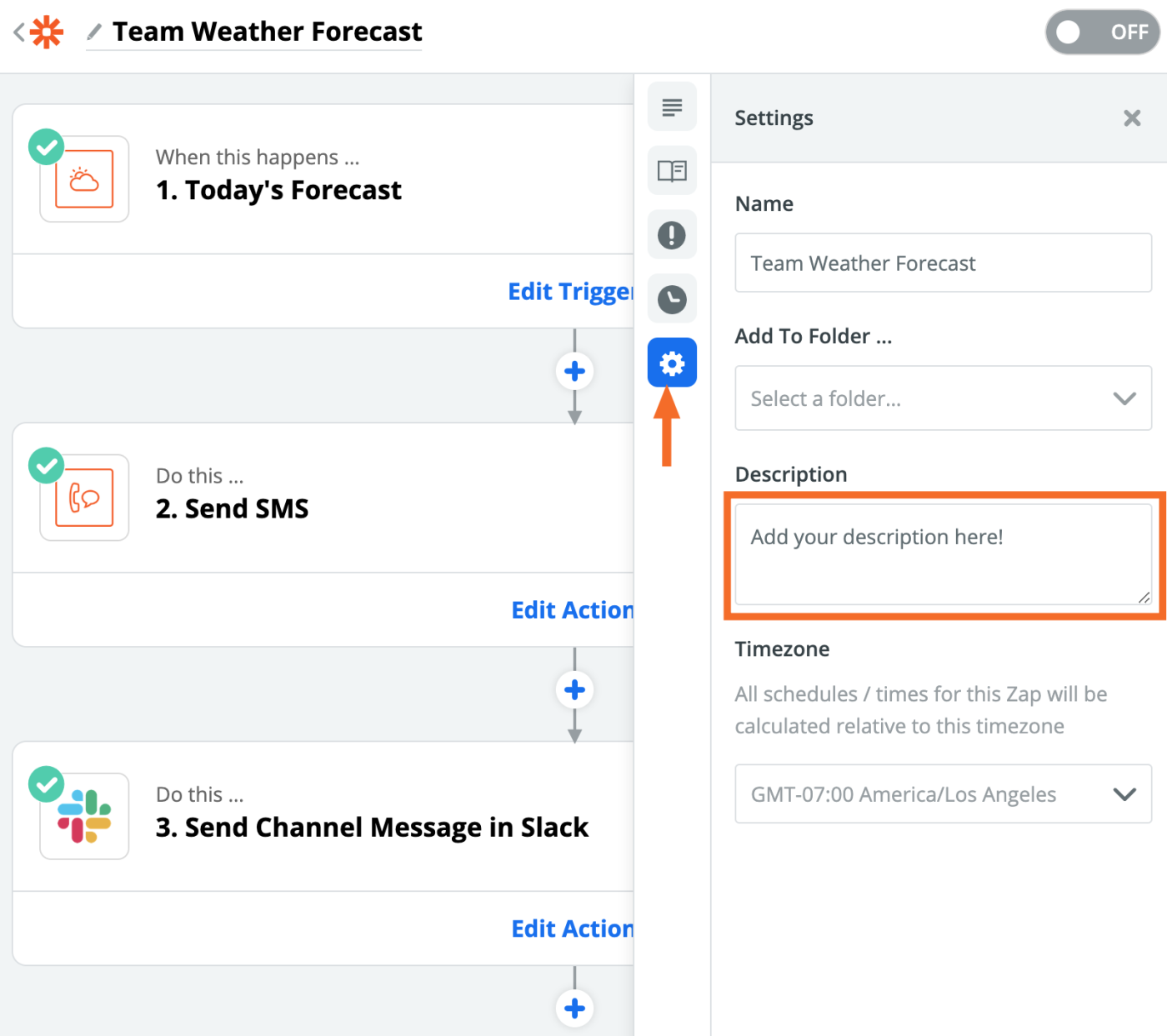 A screenshot of the Zapier editor showing the settings gear and a box to enter a description of the Zap.