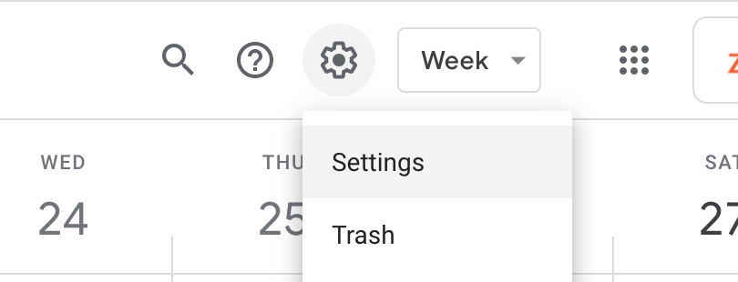 Google Calendar settings in the top right of Google Calendar