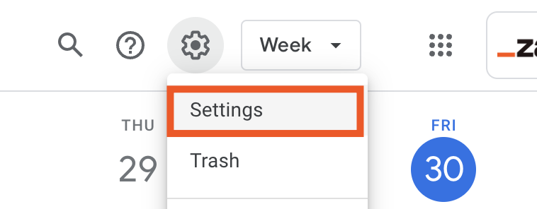 Portion of a Google Calendar with an expanded view of the Settings dropdown menu. 