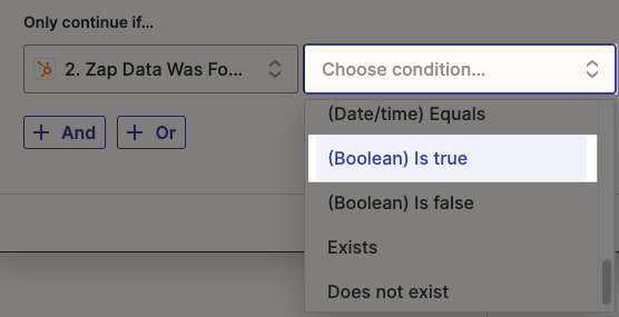 Select "(Boolean) Is true" from the condition dropdown menu.