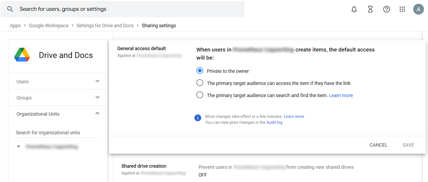 Screenshot of access settings in Google Workspace