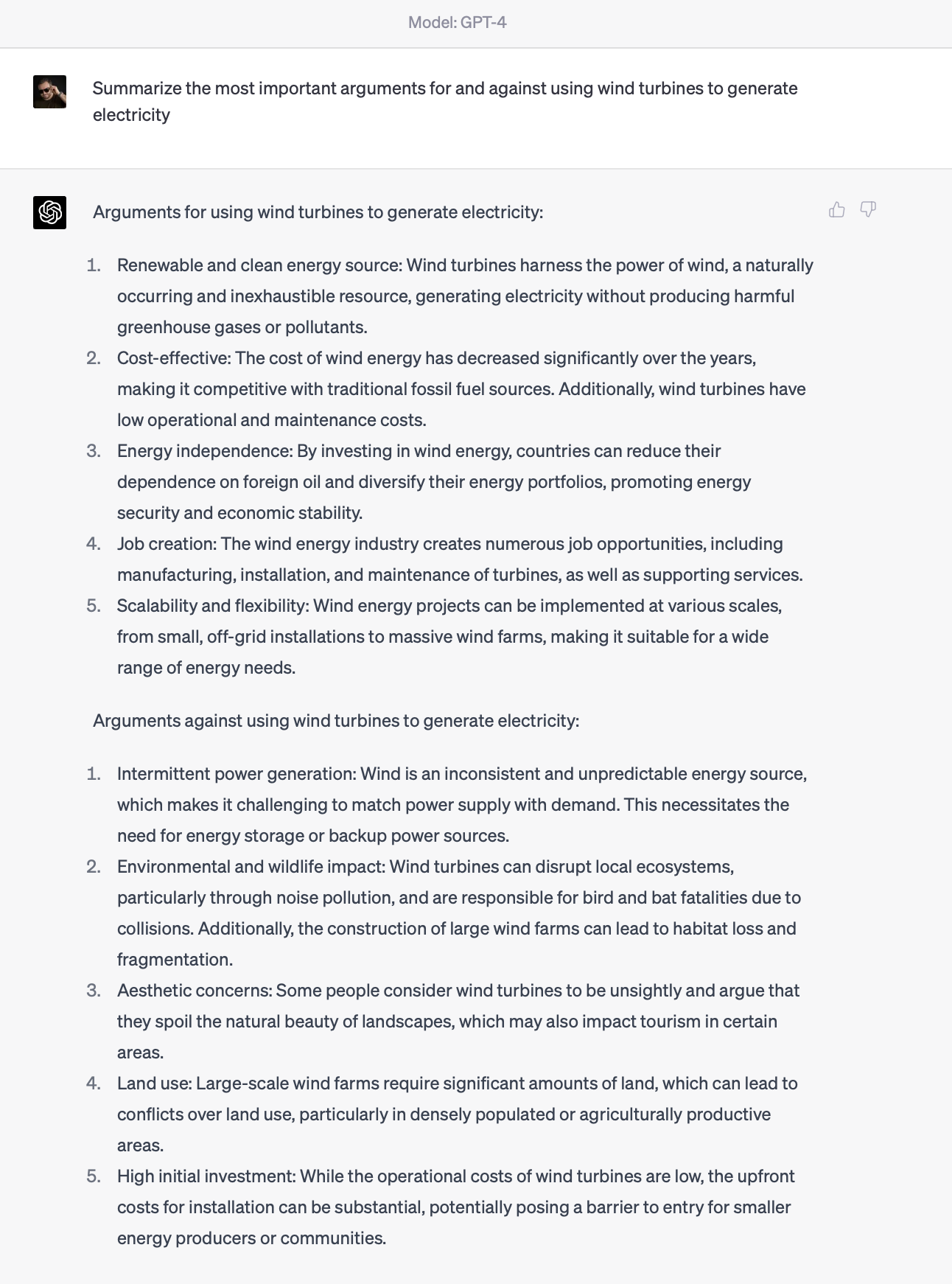 Example of ChatGPT, powered by the GPT-4 model, summarizing important arguments about a topic.