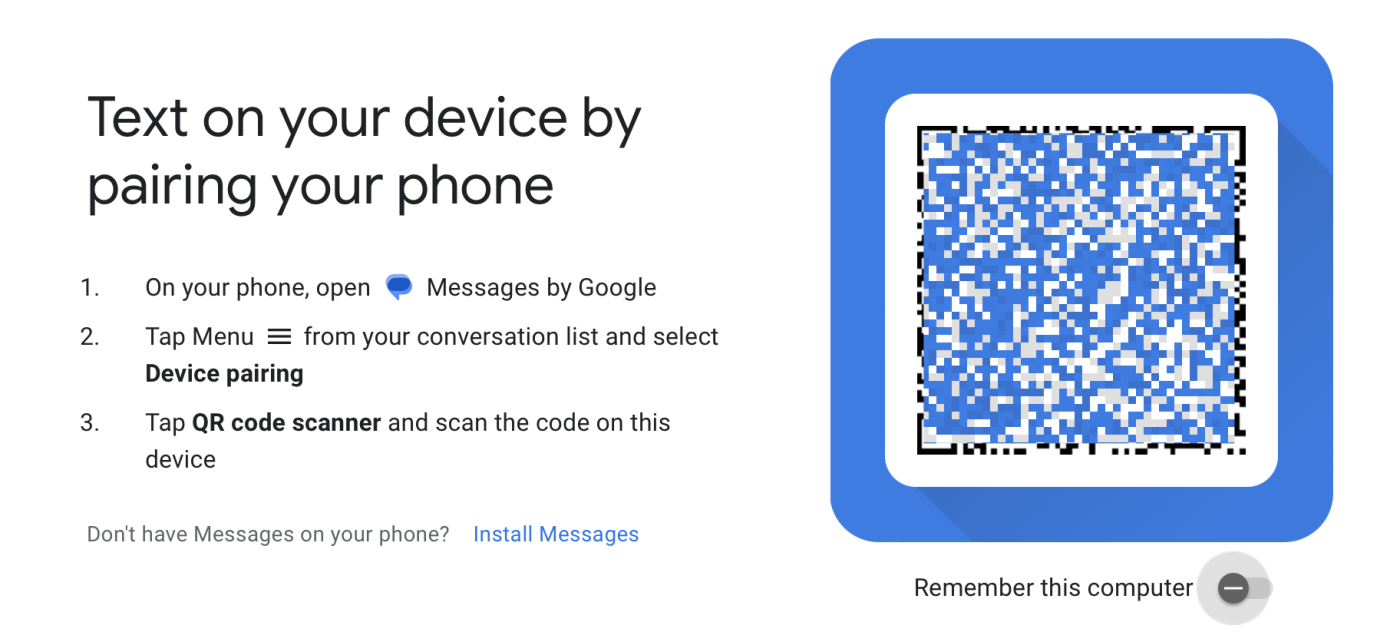 Instructions from Messages by Google to pair your Android device with the web browser. 