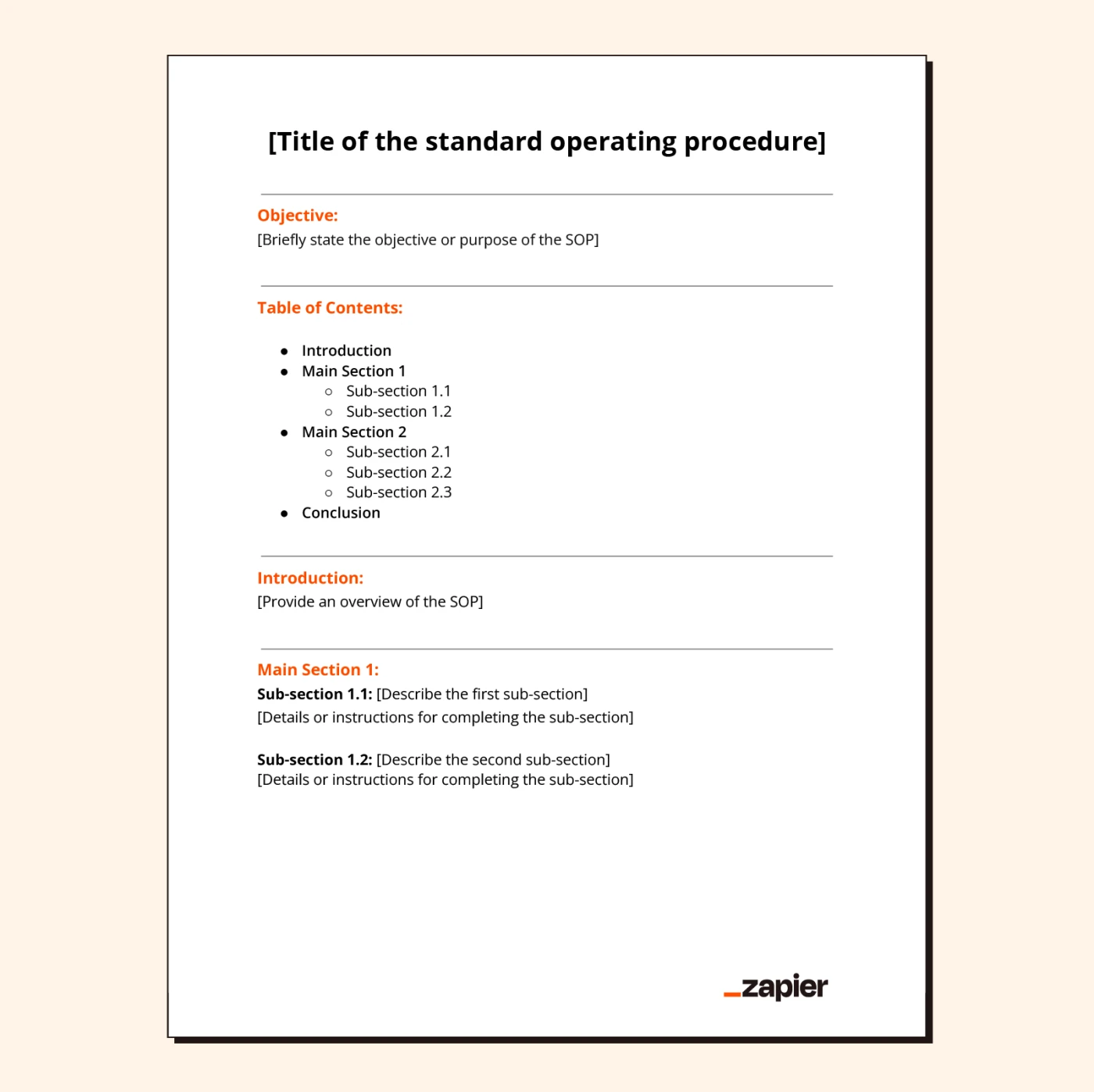 Image of a hierarchical SOP format document with a table of contents on a pale peach background