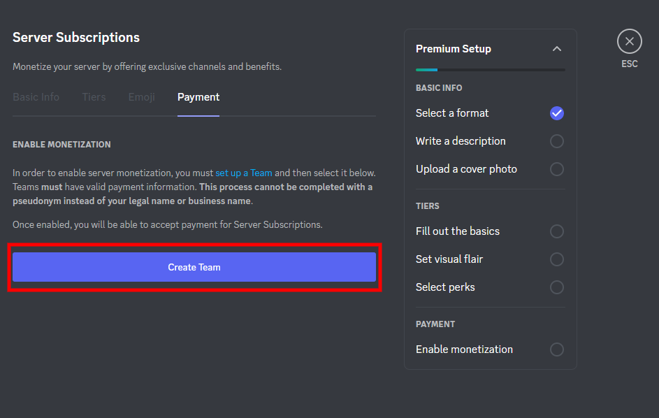 The Create Team option in Discord