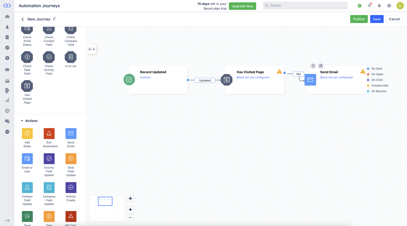 Screenshot of Salesmate’s Automation Journeys workflow builder