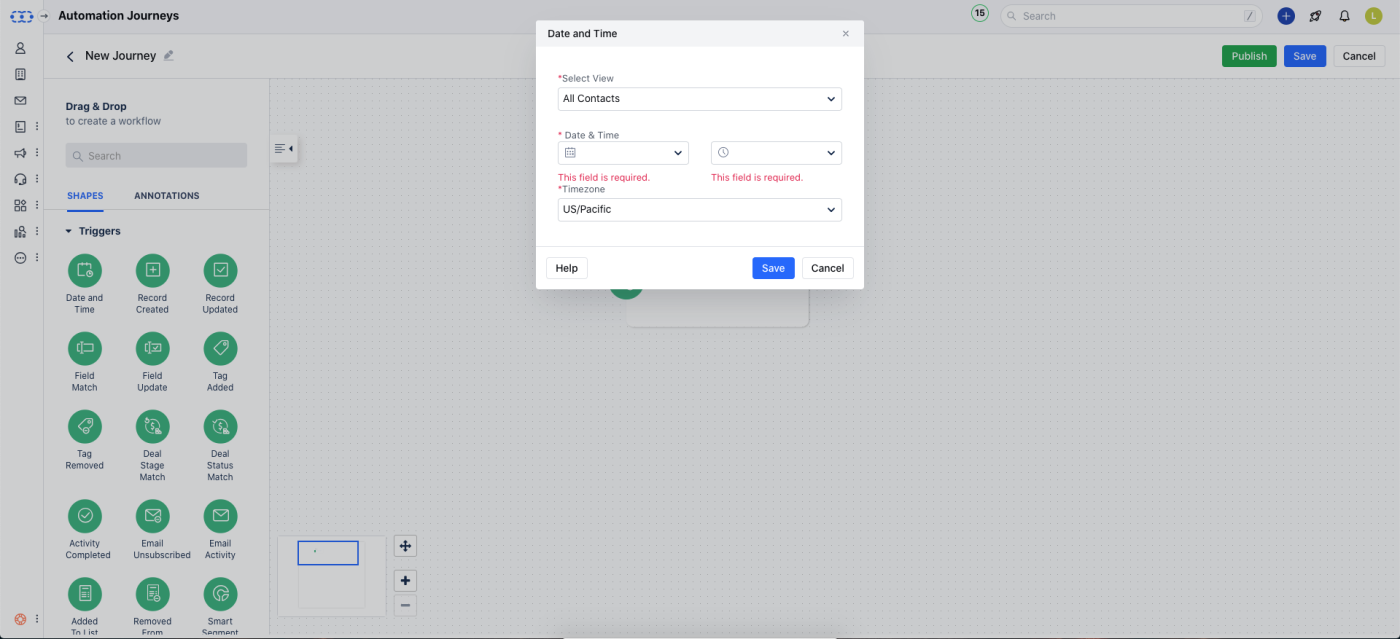 Screenshot of Salesmate’s Automation Journeys workflow builder