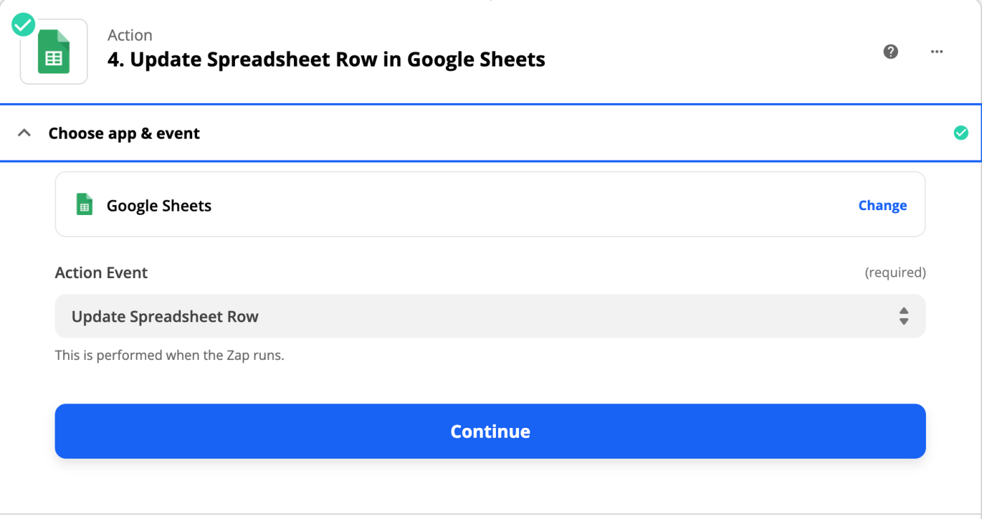 The green Google Sheets app icon next to the text "Update Spreadsheet Row in Google Sheets".