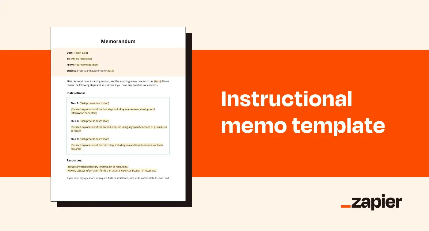 Screenshot of Zapier's instructional memo template on an orange background