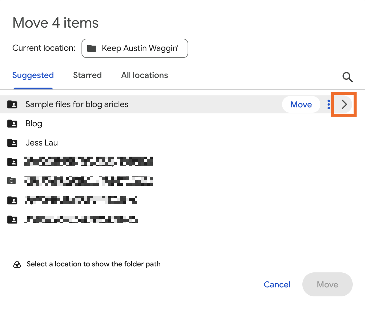 Google Drive popup with the option to move selected items to another folder.
