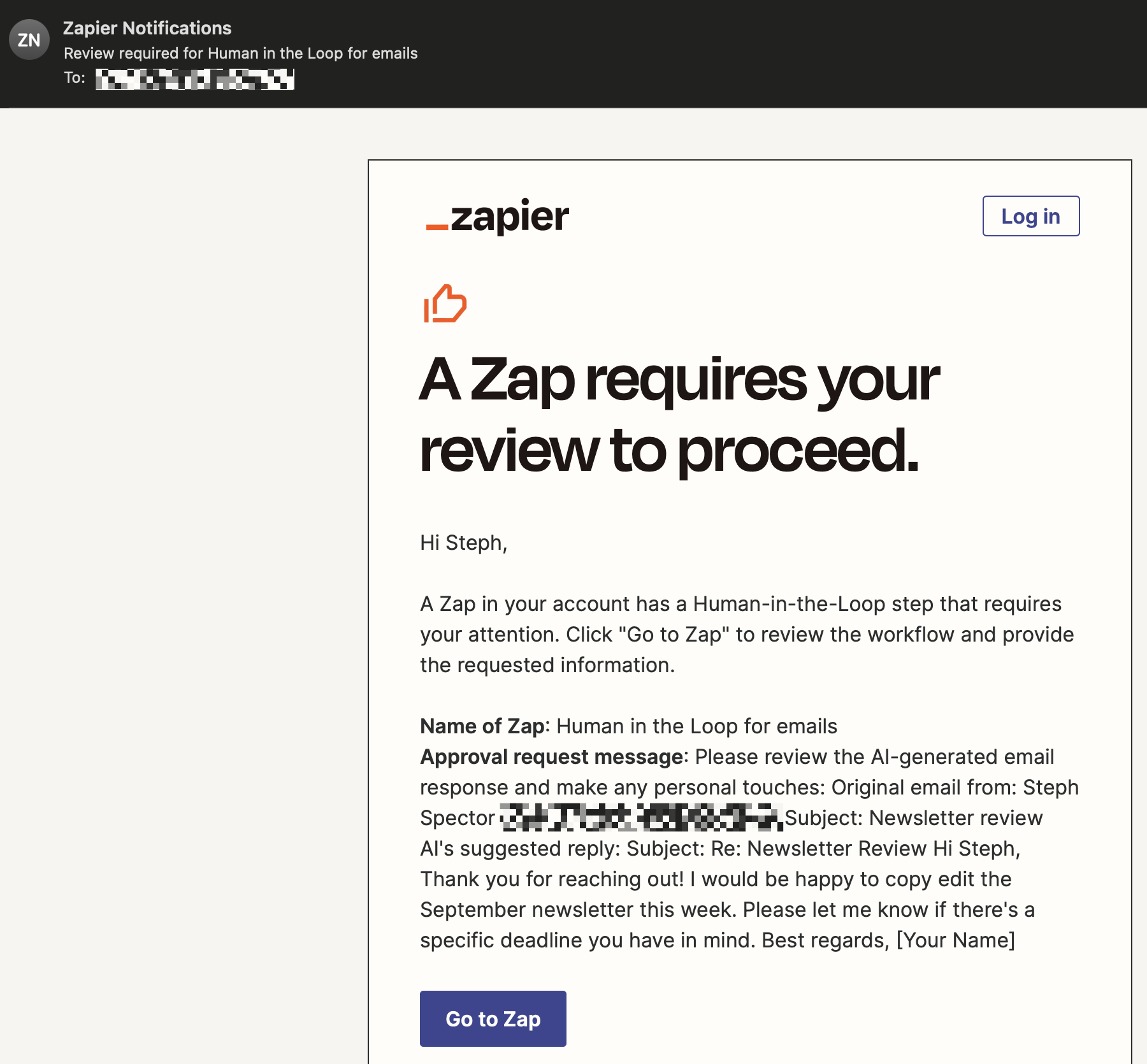 A Gmail message that says "A Zap requires your review to proceed" plus a button to go to a Zap
