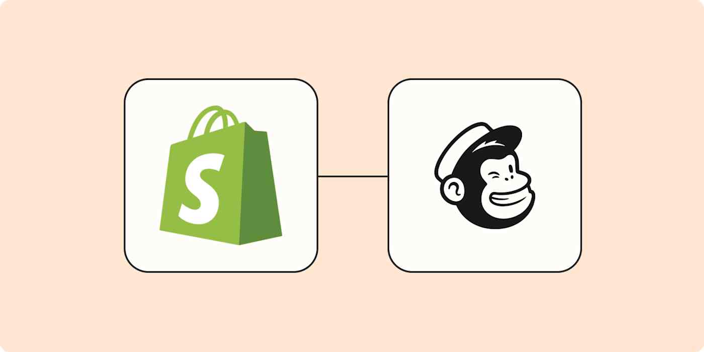 Hero image for a Zapier tutorial with the Shopify and Mailchimp logos connected by dots