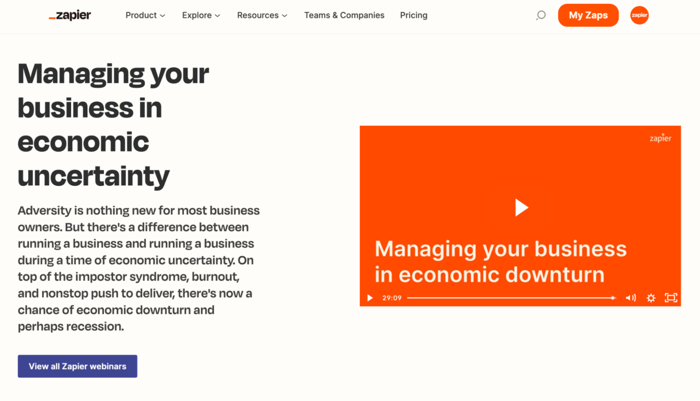 Zapier webinar landing page