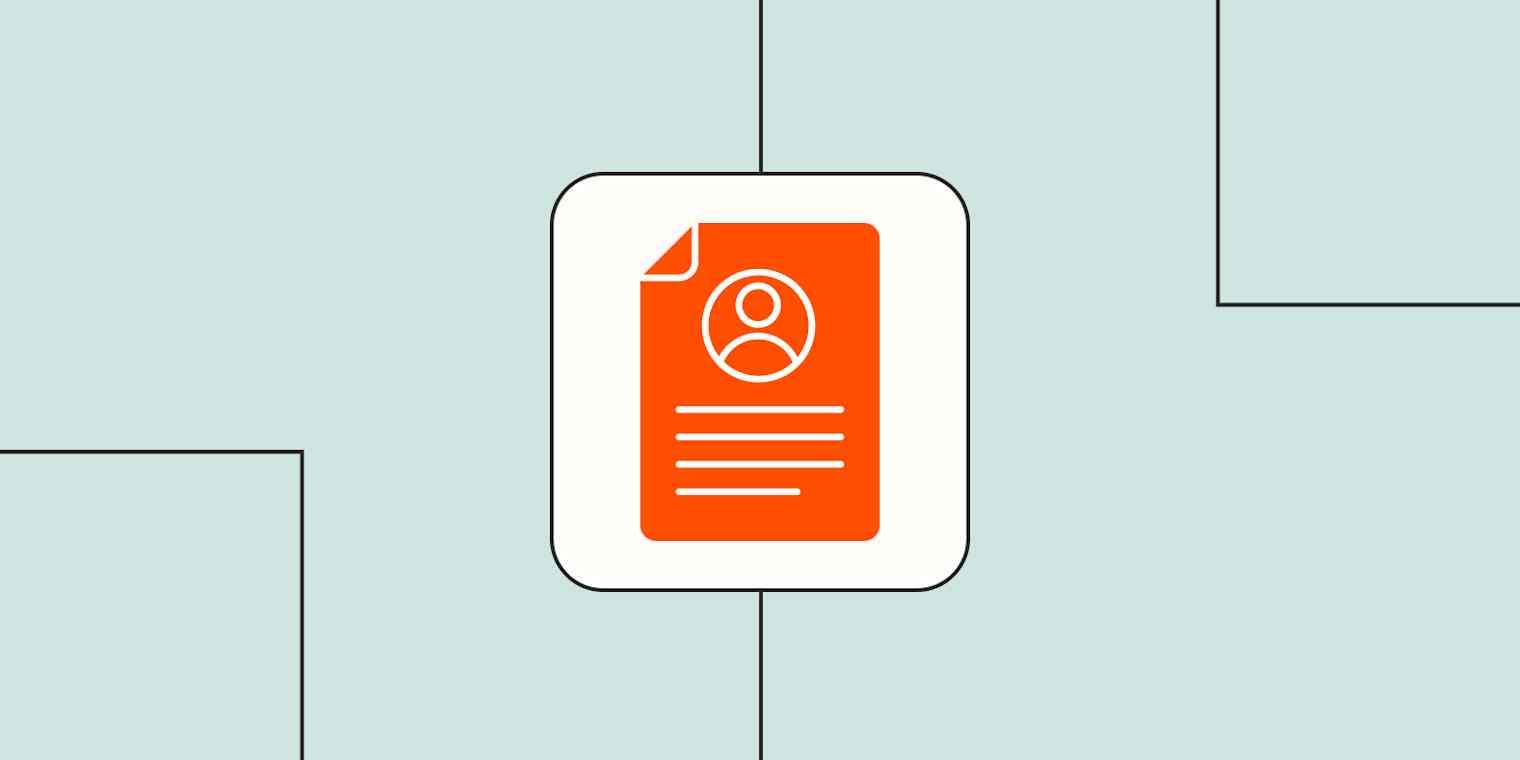 A hero image of an orange resume icon on a light blue background.