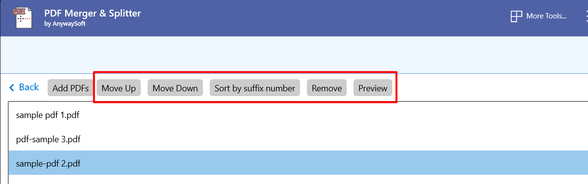 The buttons to reorder pages on PDF Merger & Splitter