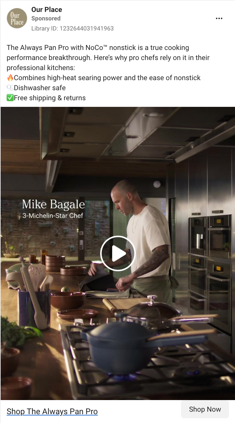 Testimonial video Facebook ad example from Our Place. 