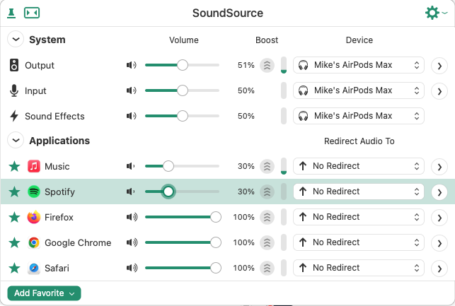 Screenshot of SoundSource, showing the volume levels
