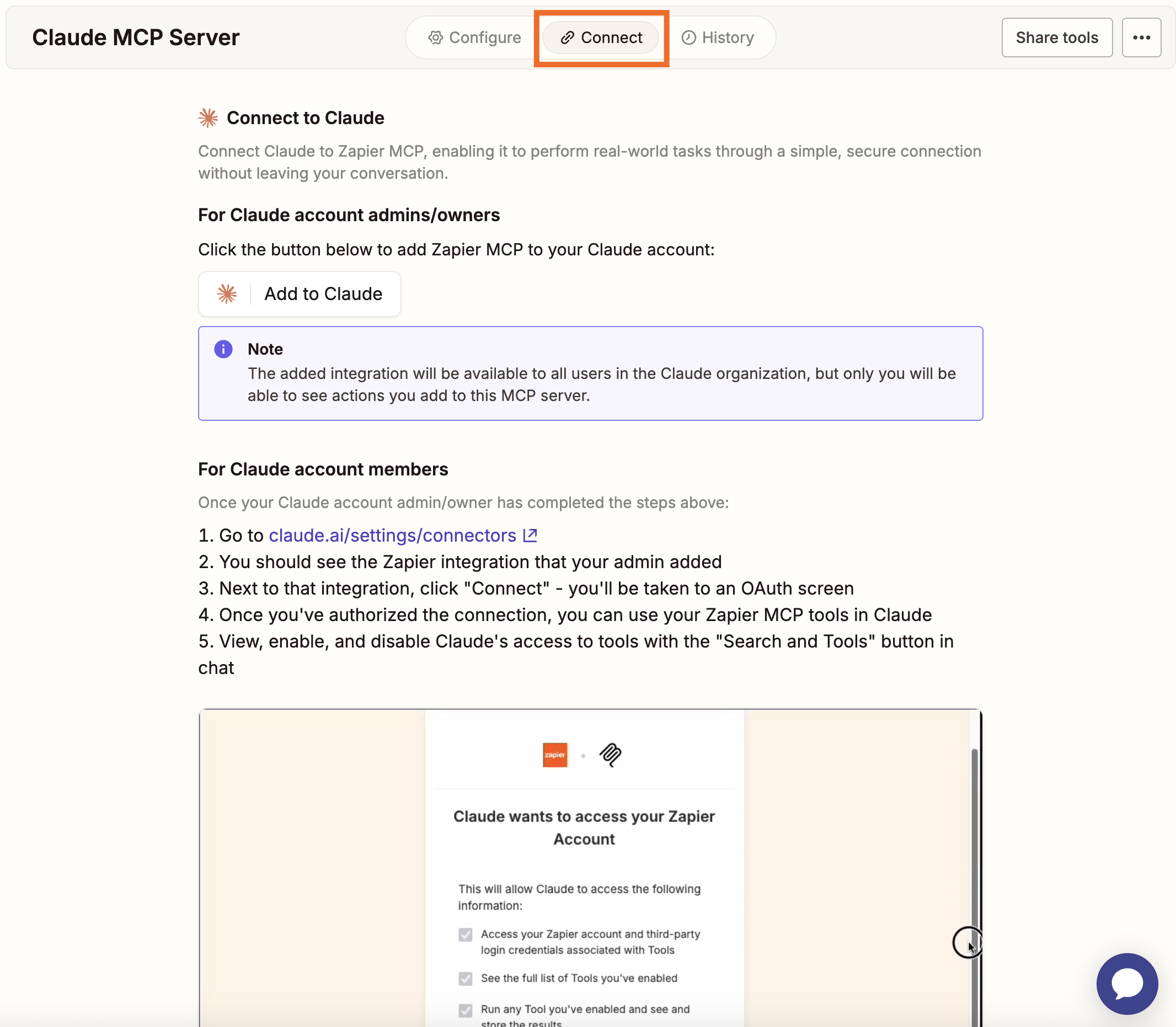 The Connect tab in the Zapier MCP dashboard