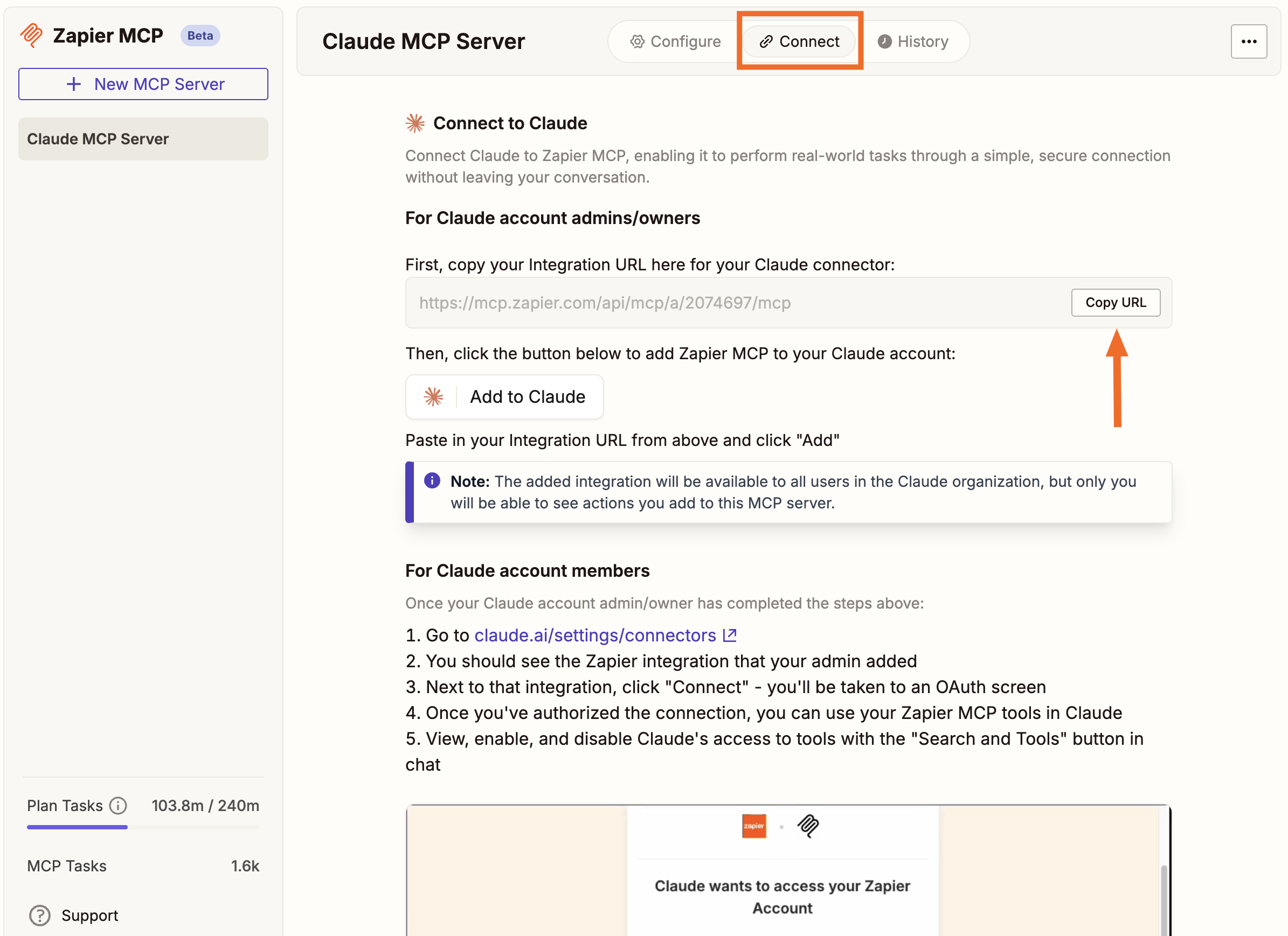 The Zapier MCP dashboard with an orange arrow pointing to a Copy URL button