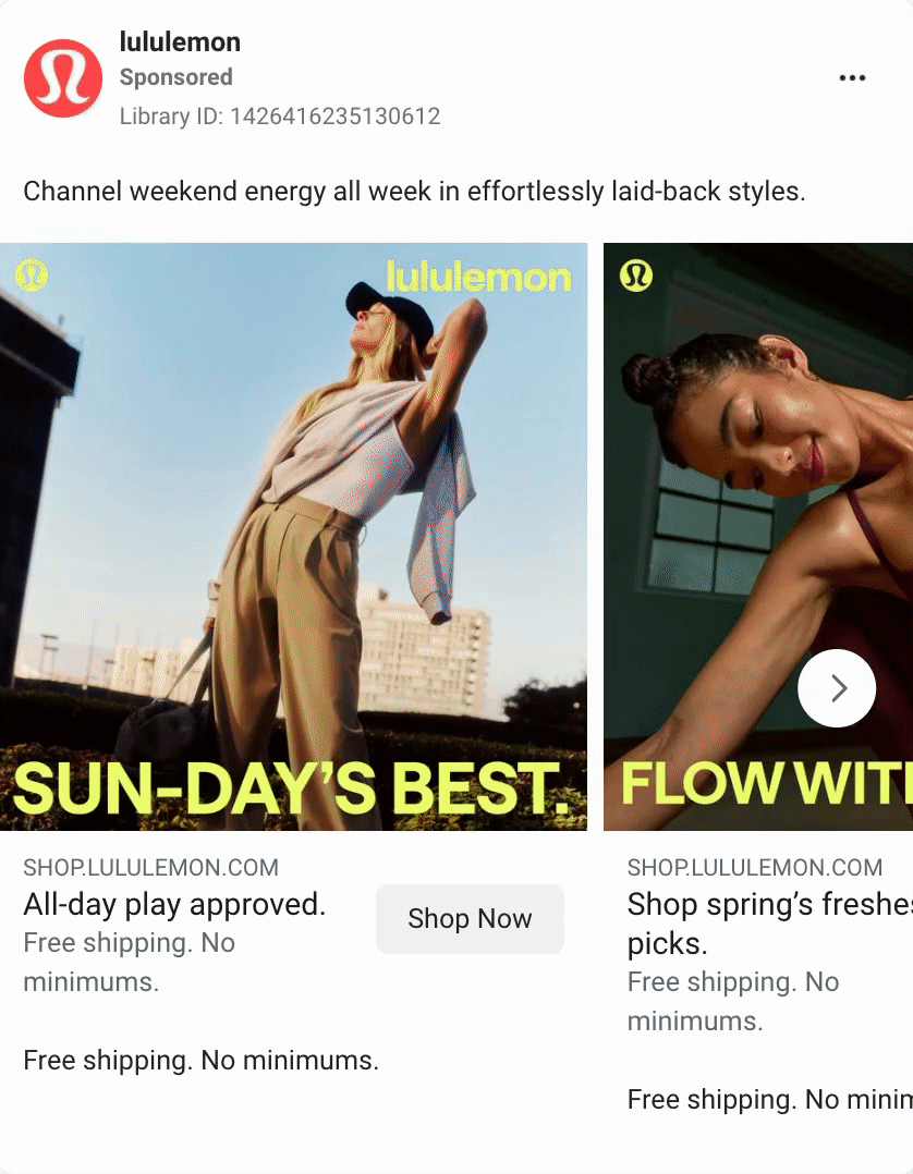 Product-focused carousel Facebook ad example from lululemon. 